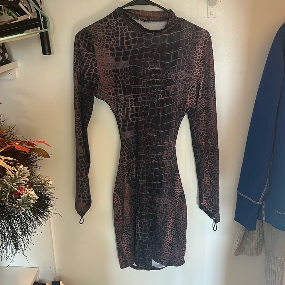 Bachelorette/going out print long sleeve, backless, high neck dress